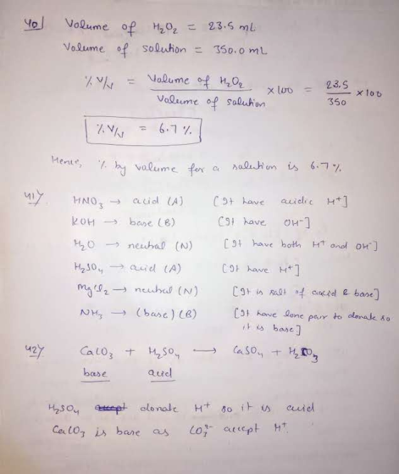 Yo volume of Volume of % = H₂O₂ = 23.5 mL solution = 350.0 ml Volume of H₂O2 x wo = 23.5 x 100 Volume of solution 350 = 6.7%