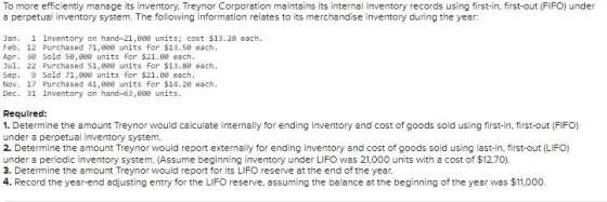 To more efficiently manage its inventory. Treynor Corporation maintains its internal inventory records using first-in, first-