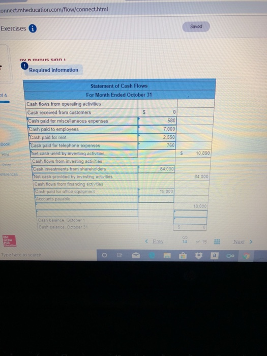 connect.mheducation.com/flow/connect.html Exercises 0 Saved nym inns Required information 0 580 7.000 2.550 Statement of Cash