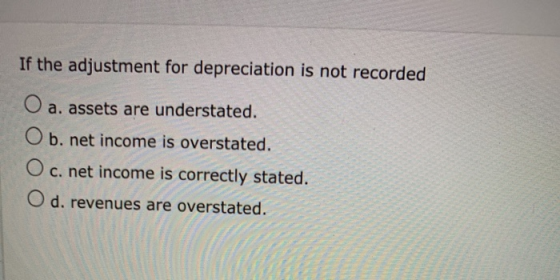 If the adjustment for depreciation is not recorded a. assets are understated. O b. net income is overstated. c. net income is