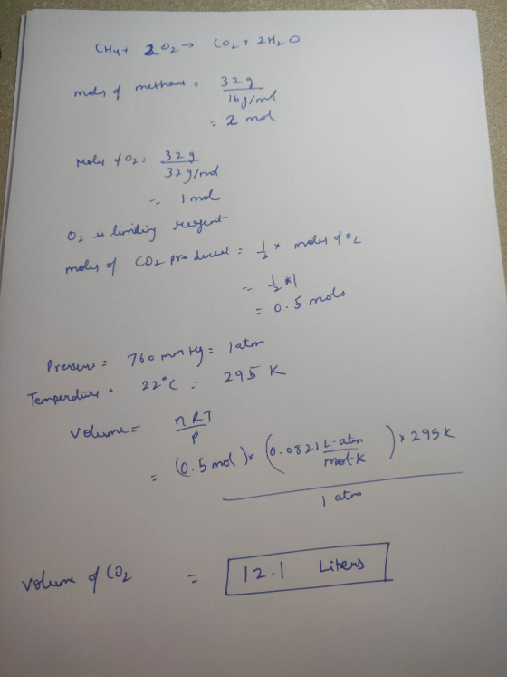 Chut 2%, CO2 + 2H₂O moles of methane - 32g 16g/ml = 2 mol - Imol Og i linding regent moles of cor produced = 1 * moles of o =
