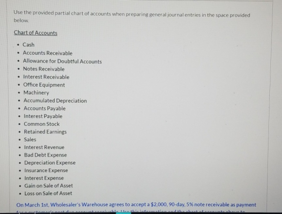 Use the provided partial chart of accounts when preparing general journal entries in the space provided below. Chart of Accou