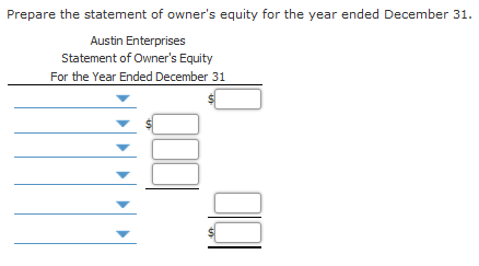 Prepare the statement of owners equity for the year ended December 31. Austin Enterprises Statement of Owners Equity For th