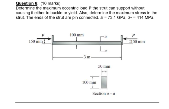 Question 6: (10 marks) Determine the maximum eccentric load P the strut can support without causing it either to buckle or yi