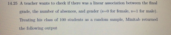 14.25 A teacher wants to check if there was a linear association between the final grade, the number of absences, and gender (s-0 for female, s-1 for male). Treating his class of 100 students as a random sample, Minitab returned the following output