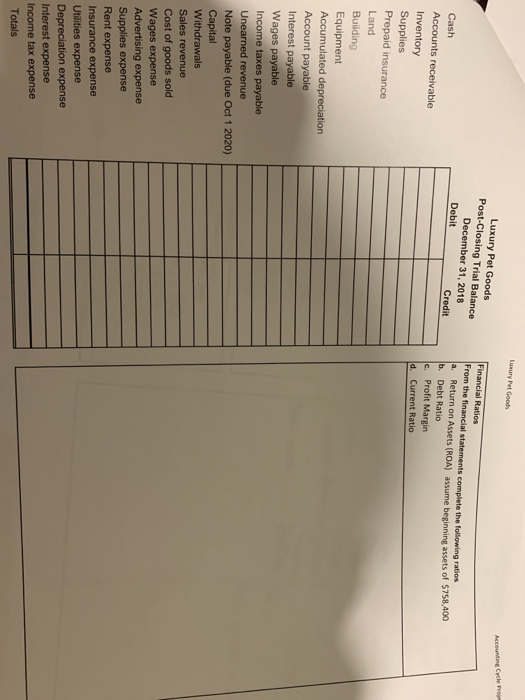 Luxury Pet Goods Accounting Cycle Pro Luxury Pet Goods Post-Closing Trial Balance December 31, 2018 Credit Debit Financial Ra