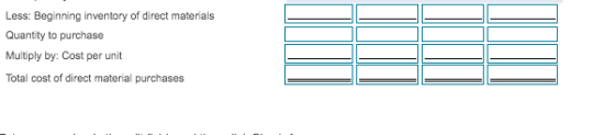 Less: Beginning inventory of direct materials Quantity to purchase Multiply by: Cost per unit Total cost of direct material p