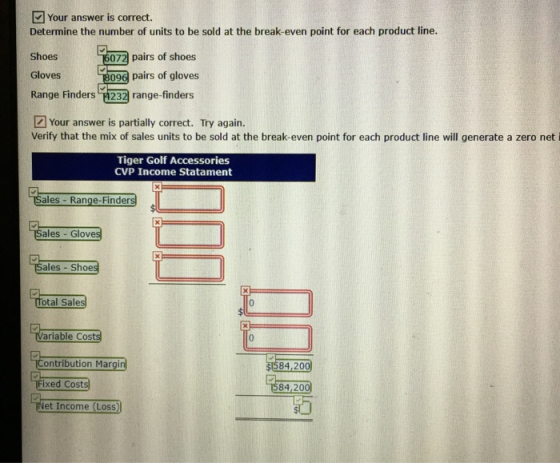 Your answer is correct. Determine the number of units to be sold at the break-even point for each product line. Shoes 76072 p