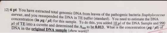 12) 6 pt You have extracted total genomic DNA from leaves of the pathogenic bacteria Staphylococcus aureus, and you resuspend