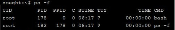 sought:~# ps -f UID PID PPID C STIME TTY root 178 00 06:17 ? root 182 178 0 06:17 ? TIME CMD 00:00:00 bash 00:00:00 ps - f
