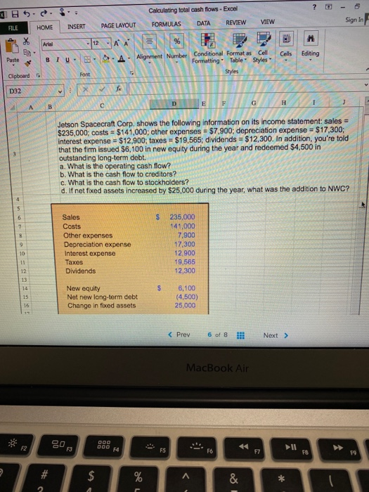 Calculating total cash flows - Excel FORMULAS DATA REVIEW VIEW Sign In FILE HOME INSERT PAGE LAYOUT Arial Cells Editing Paste