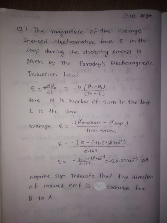 third page (3) The magnitude of the average in Induced electromotive force & in the doop during the stretching process is giv