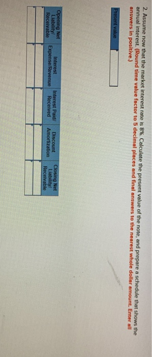 2. Assume now that the market interest rate is 8% Calculate the present value of the note, and prepare a schedule that shows