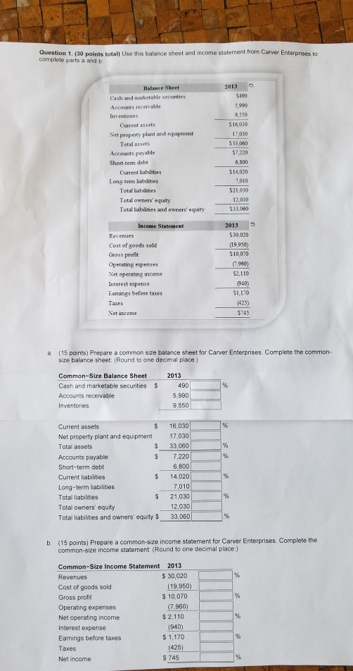 Question 1. (30 points total) Use this balance sheet and income statement fram Carver Enterprises to complete parts a and b 2013 Balance Sheet 5490 5,990 9,530 $16,030 17,030 33,060 $7,220 6,800 514,020 ,010 521,030 12,030 $33,060 Cash and marketable securities Accounts receivable Curnent assets Net property plant and equipment Total assets Accounts payable Short-tem debt Current liabilities Long-term liabilities Total liabilities Total owners equity Total liabilities and owners equity Income Statemeat 2013 Revenue:s Cost of goods sold Gross profft Operating expenses Net operating ncome interest expense Eammings before taxes 530.020 (19.950) 10,070 7960) 52,110 940) 1,170 Net income 5745 a. (15 points) Prepare a common size balance sheet for Carver Enterprises. Complete the common- size balance sheet: (Round to one decimal place) Common-Size Balance Sheet Cash and marketable securities Accounts receivable Inventories 490 5,990 9,550 S S 16.030D Current assets Net property plant and equipment 17,030 Total assets Accounts payable Short-term debt Current liabilities Long-term liabilities Total liabilities Total owners equity Total liabilities and owners equity $ 33,060 $ 33,060 $ 7,220 6,800 5 14,020 S 21,030 12,030 b (15 points) Prepare a common-size income statement for Carver Enterprises. Complete the common-size income statement (Round to one decimal place) 2013 5 30,020 Common-Size Income Statement 19,950 Cost of goods sold Gross profit Operating expenses Net operating income Interest expense Earnings before taxes Taxes Net income $10,070 960 $ 2,110 $1,170 425 745