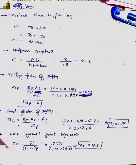 Gunther stress is given by Preload Gi= .75 SP • 75 + 120 ao Kpsi stiffness constant C = Kb Kotkm 3 IS 2 -- → Yeilding factor