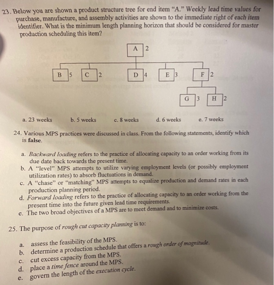 23. Below you are shown a product structure tree for end item “A.” Weekly lead time values for purchase, manufacture, and ass