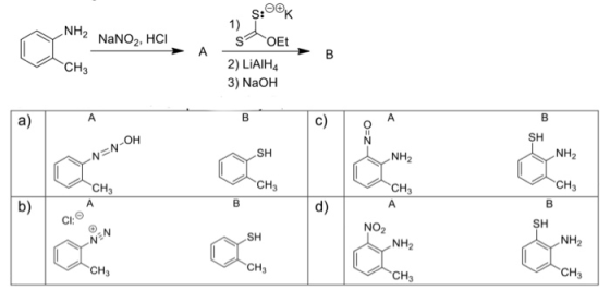 1) S: NH2 NaNO2, HCI A B -CH₃ SOET 2) LiAIHA 3) NaOH 1 N=N-OM MSH NH2 NH2 / CH CH CH3 Bd) NO2 NH2 -NEN NH2 CH3 CH3