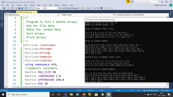 Quick Launch (Ctrl+Q) DoubleArrayInCpp - Microsoft Visual Studio Team Window File Edit View Project Build Debug Tools Test An