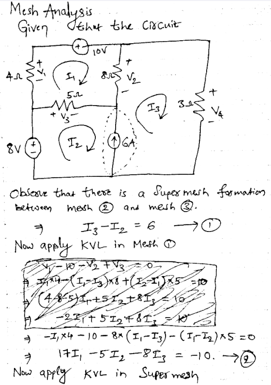 .Mesh Analysis . Given that the Circuit MA : 502 1 + V formations . Observe that there is a Super mesh between mesh ® and mes