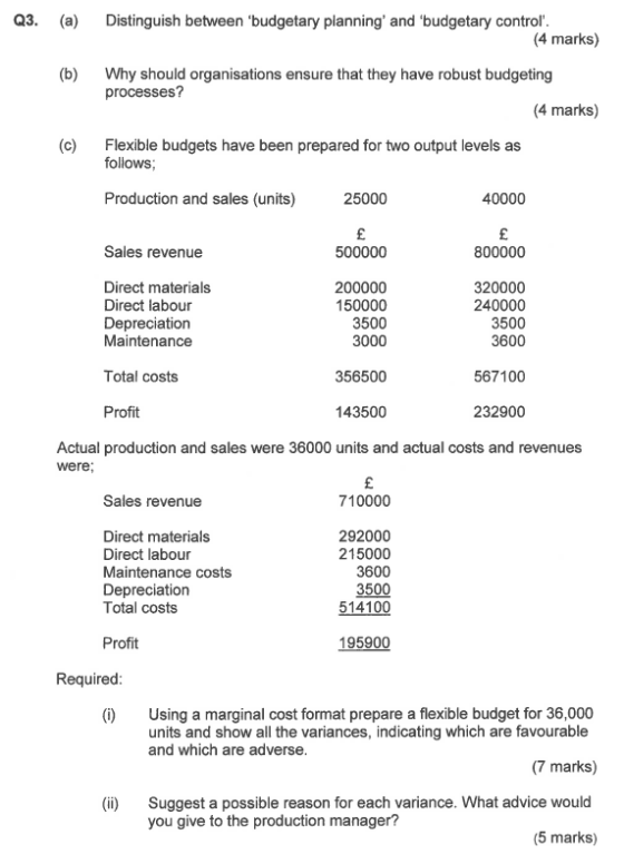Q3. (a) Distinguish between budgetary planning and budgetary control (4 marks) (b) Why should organisations ensure that they have robust budgeting processes? (4 marks) (c) Flexible budgets have been prepared for two output levels as follows Production and sales (units) 25000 40000 Sales revenue 500000 800000 Direct materials Direct labour Depreciation Maintenance 200000 150000 3500 3000 320000 240000 3500 3600 Total costs 356500 567100 Profit 143500 232900 Actual production and sales were 36000 units and actual costs and revenues were Sales revenue 710000 Direct materials Direct labour Maintenance costs Depreciation Total costs 292000 215000 3600 3500 514100 Profit 195900 Required (i) Using a marginal cost format prepare a flexible budget for 36,000 units and show all the variances, indicating which are favourable and which are adverse (7 marks) Suggest a possible reason for each variance. What advice would you give to the production manager? (ii) (5 marks)
