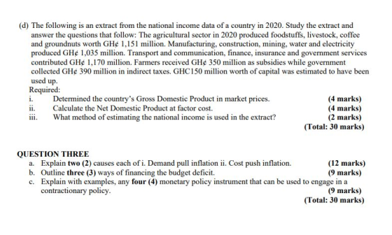 (d) The following is an extract from the national income data of a country in 2020. Study the extract and answer the question