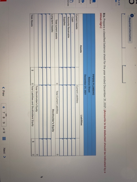 Required information 5 of B 8-b. Prepare a classified balance sheet for the year ended December 31, 2021. (Amounts to be dedu