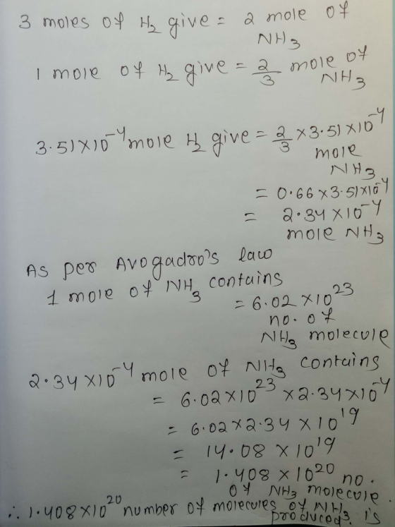 mole 3 moles of H₂ give = an NH3 I more of Hy give = a mole of 3.5010 mole H give = 2x3.5) X10 3 more NH3. = 0.66 X3.5)xey =