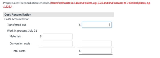 Prepare a cost reconciliation schedule. (Round unit costs to 2 decimal places, eg, 2.25 and final answers to O decimal places