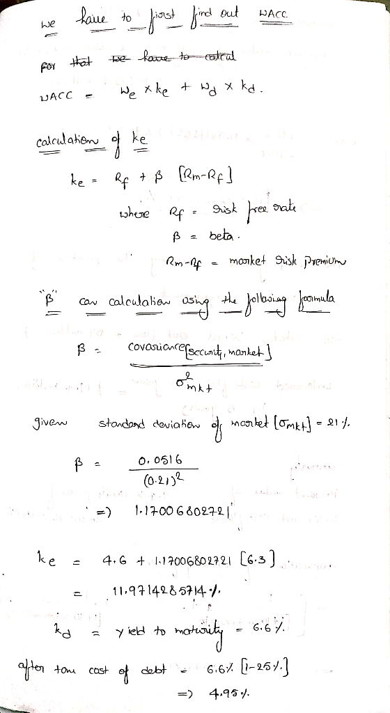 we have to fost find out ware for that there have to central WACC - Wexke & Wd xkd. calculation of ke ke = Rf + B [Rm-Rf] whe