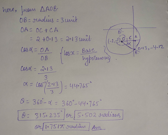 o to 0.1 – 4-12 here, fuam AAOB. OB = readius =3 unit OA= OC+ CA - 2 +0.13 - 2013 unit (-2-1) COS X = OA Sia - Base l I OB hy