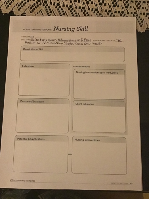 ACTIVE LEARNING TEMPLATE IVursingSR ll RU NAMEScae Medication Administation. Ero(·evew MO urcurrER | Description of Skill Indications Nursing Interventions (pre, intra, post) Client Education