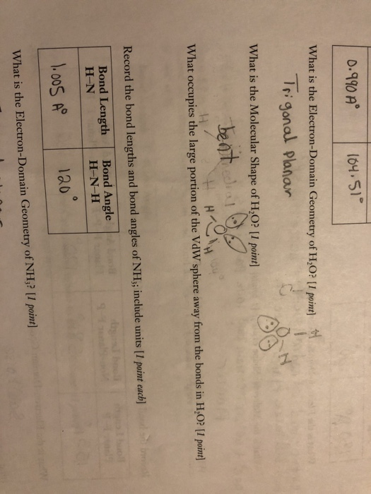0.990 ° 104.51° What is the Electron-Domain Geometry of H,0? [1 point Trigonal Planar What is the Molecular Shape of H,O? [1