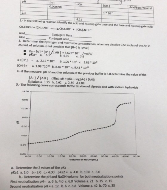 рон 0.000398 TOH Acid/Base/Neutral 2.1 110 4.21 2.- In the following reaction identify the acid and its conjugate base and the base and its conjugate acid: Acid 3.- Determine the hydrogen and hydroxide concentration, when we dissolve 0.50 moles of the AH in 250 mL of solution. (Hint consider that [H+] is small) pKaa. 6.5 4.25 c. 5.6 x=[H*) = a. 2.12 * 104 b. 1.06 * 102 c. 3.86 * 10-5 [OH--a. 1.08 *1010 b. 8.82 10 c. 9.43 10 4.- if the measure pH of another solution of the previous buffer is 5.0 determine the value of the [A-/IAH] (Hint: pH - pKa + log [A-1/ [AHI) Solution a. 3.55 b. 5.62 c. 2.85 d.4.88 5-The following curve corresponds to the 14.00 12.00 10.00 8.00 6.00 4.00 2.00 0.0o 0.00 5.00 10.00 15.00 20.00 25.00 3000 350O 40.00 45.00 50.00 Volume of NaOH (mL) a.- Determine the 2 values of the pKa pKal a. 1.0 b.-3.0 c.-4.00 pKa2- a. 4.0 b. 10.0 c. 6.0 b.- Determine the pH and NaOH volume for both neutralizations points First neutralization pH- a. 6 b. 4.0 c. 6.0 Volume a. 21 b. 35 c. 15 Second neutralization pH-a. 12 b. 6 c. 8.8 Volume a. 42 b-70 c.35
