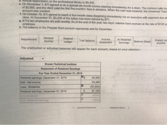 3. Annual depreciation on the professional library is $9.400. e. On November 1, BTI agreed to do a special six-month course (