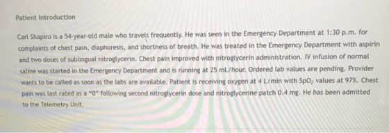 Patient Introduction Carl Shapiro is a 54-year-old male who travels frequently. He was seen in the Emergency Department at 1: