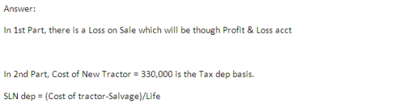Answer: In 1st Part, there is a Loss on Sale which will be though Profit & Loss acct In 2nd Part, Cost of New Tractor = 330,000 is the Tax dep basis. SLN dep (Cost of tractor-Salvage)/Life