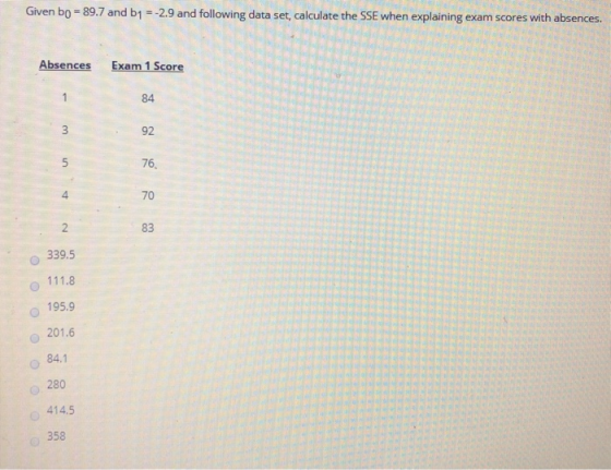 Given bo = 89.7 and b1 = -2.9 and following data set, calculate the SSE when explaining exam scores with absences. Absences E