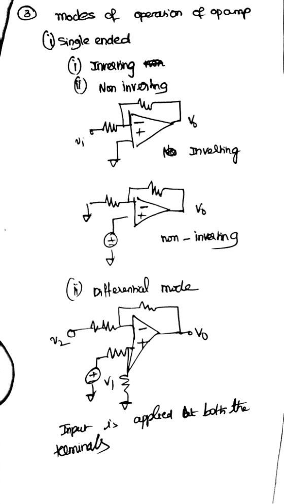 3 modes of operation of opamp O single ended (1) Investing ton (1) Non investing V + to Invelling % non-inverning (1) Differe