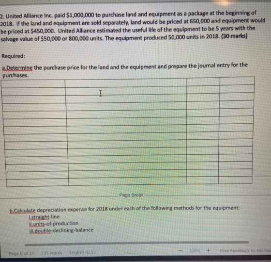 2. United Alliance Inc. paid $1,000,000 to purchase land and equipment as a package at the beginning of 2018. If the land and