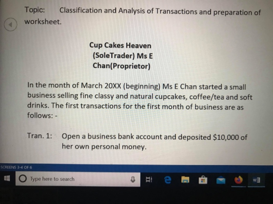 Topic: Classification and Analysis of Transactions and preparation of worksheet. Cup Cakes Heaven (SoleTrader) Ms E Chan(Prop