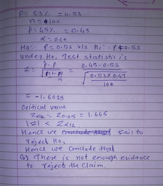 Date 自100 under Ha, Test stachshcs 21 22 Hence wre Comclude thal Gy These is not eneigh esidance Clal m