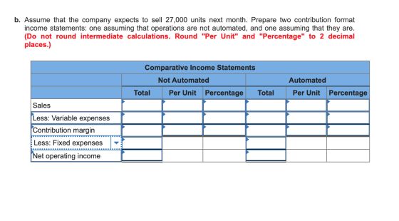 b. Assume that the company expects to sell 27,000 units next month. Prepare two contribution format income statements: one as