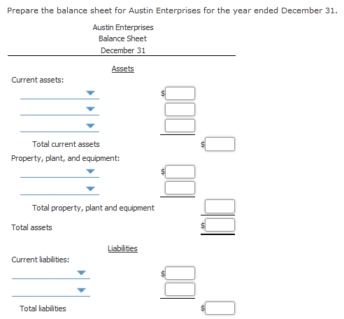 Prepare the balance sheet for Austin Enterprises for the year ended December 31. Austin Enterprises Balance Sheet December 31