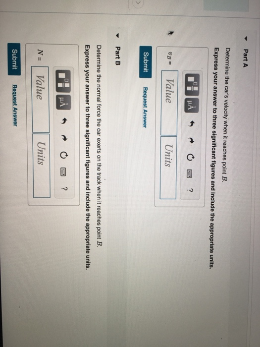Part A Determine the cars velocity when it reaches point B. Express your answer to three significant figures and include the
