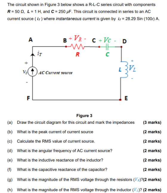 The circuit shown in Figure 3 below shows a R-L-C series circuit with components R= 50 , L = 1 H, and C= 250 uF. This circuit