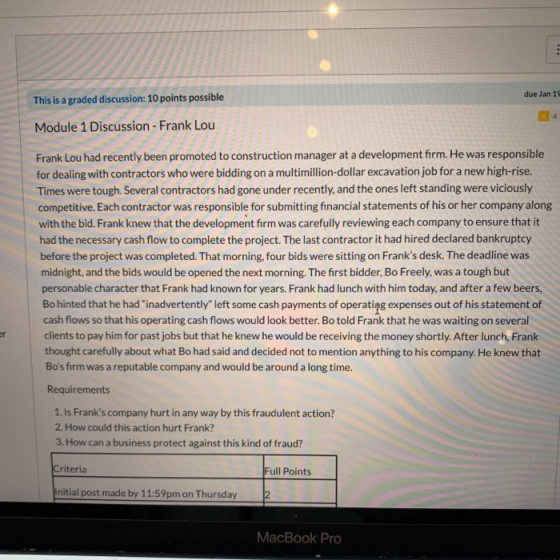 due Jan 19 This is a graded discussion: 10 points possible Module 1 Discussion - Frank Lou Frank Lou had recently been promot