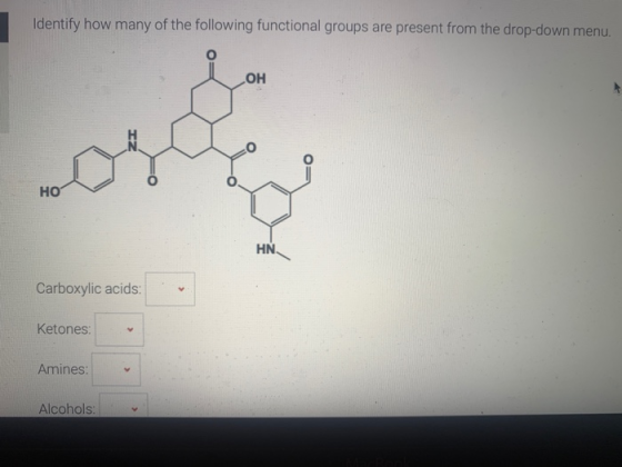 Identify how many of the following functional groups are present from the drop-down menu. НО Carboxylic acids: Ketones: Amine