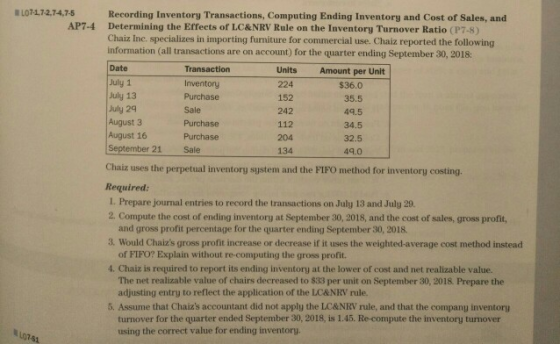 LO7-17-2,74,7-5 Recording Inventory Transactions, Computing Ending Inventory and Cost of Sales, and Determining the Effects o