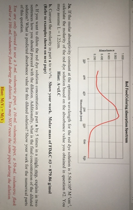 Red Food Coloring Absorption Spectrum 1.000 0.800 0 600 0.400 0 200 400 450 500 Sso 600 650 3a. If the molar absorptivity constant at the optimum wavelength for the red dye solution is 5.56x104 M-lcm1, calculate the molarity of the red dye solution based on the absorbance value you obtained in question #2. You may assume L-1.22cm. Hint: A-ELC Molar mass of FD&C #3 = 879.86 g/mol b. Convert the molarity in part a to w/v00. Show your work. (Refer to examples shown on next page) c. If you want to dilute the red dye solution concentration in part a by 5 times in a single step, explain in two sentences how you should proceed with the dilution. Additionally, what is the final concentration of the diluted solution? What is predicted absorbance value for this diluted solution? Show your work for the numerical parts of this question. You are only allowed to use a 5-mlL volumetric pipet, a 10-ml volumetric pipet, a 50-ml volumetric flask and/or a 100-mL volumetric flask during the dilution. You may NOT reuse the same pipet during the dilution. Hint: MiVi-M2V2