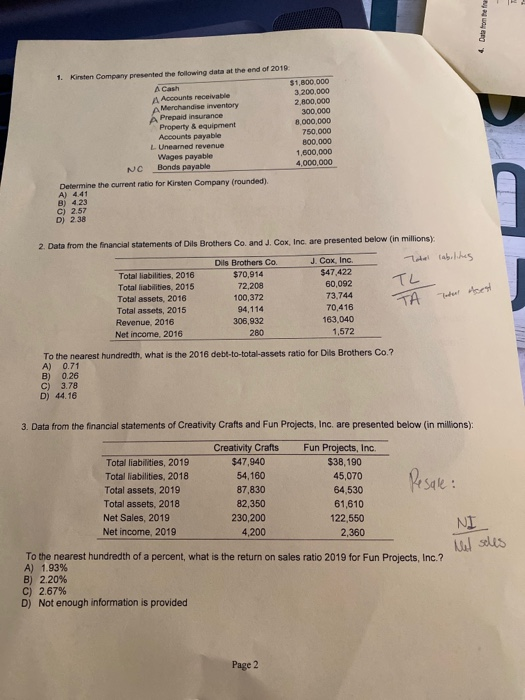 Dube from the 4 1. Kirsten Company presented the following data at the end of 2019 A Cash $1,800 000 Accounts receivable 3.20